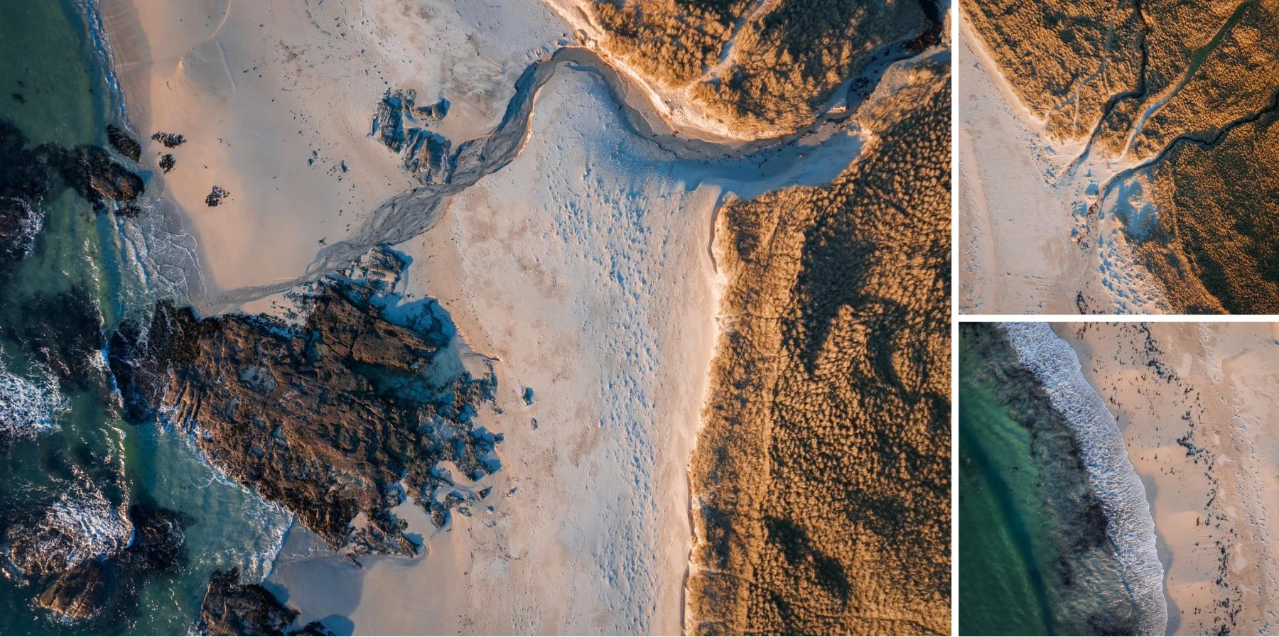 Drone shots of the rocks, sea, sand and marram grass covered dunes above a stream that flows down the beach at Sanna | Ardnamurchan Scotland | Steven Marshall Photography