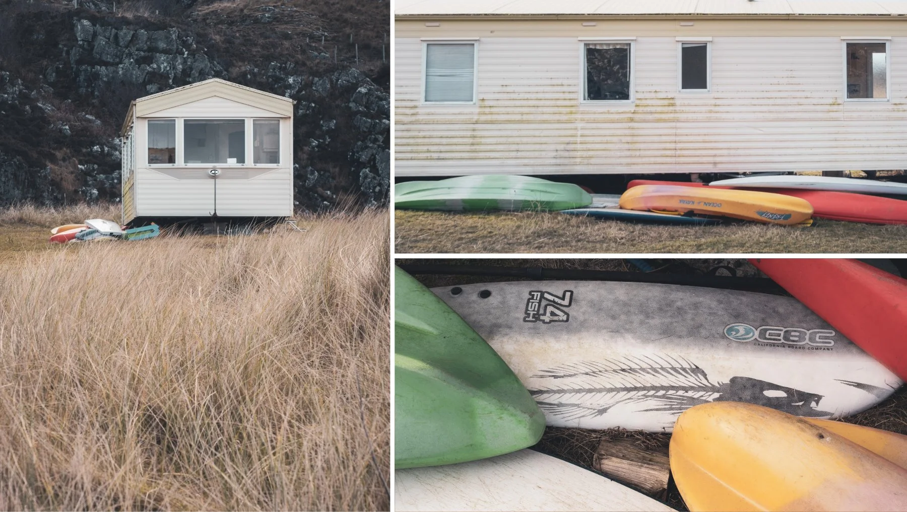 A static caravan amongst the sand dunes and marram grass at Port na Carraidh (Bay MacNeil) with upturned kayaks underneath | Ardnamurchan Scotland | Steven Marshall Photography