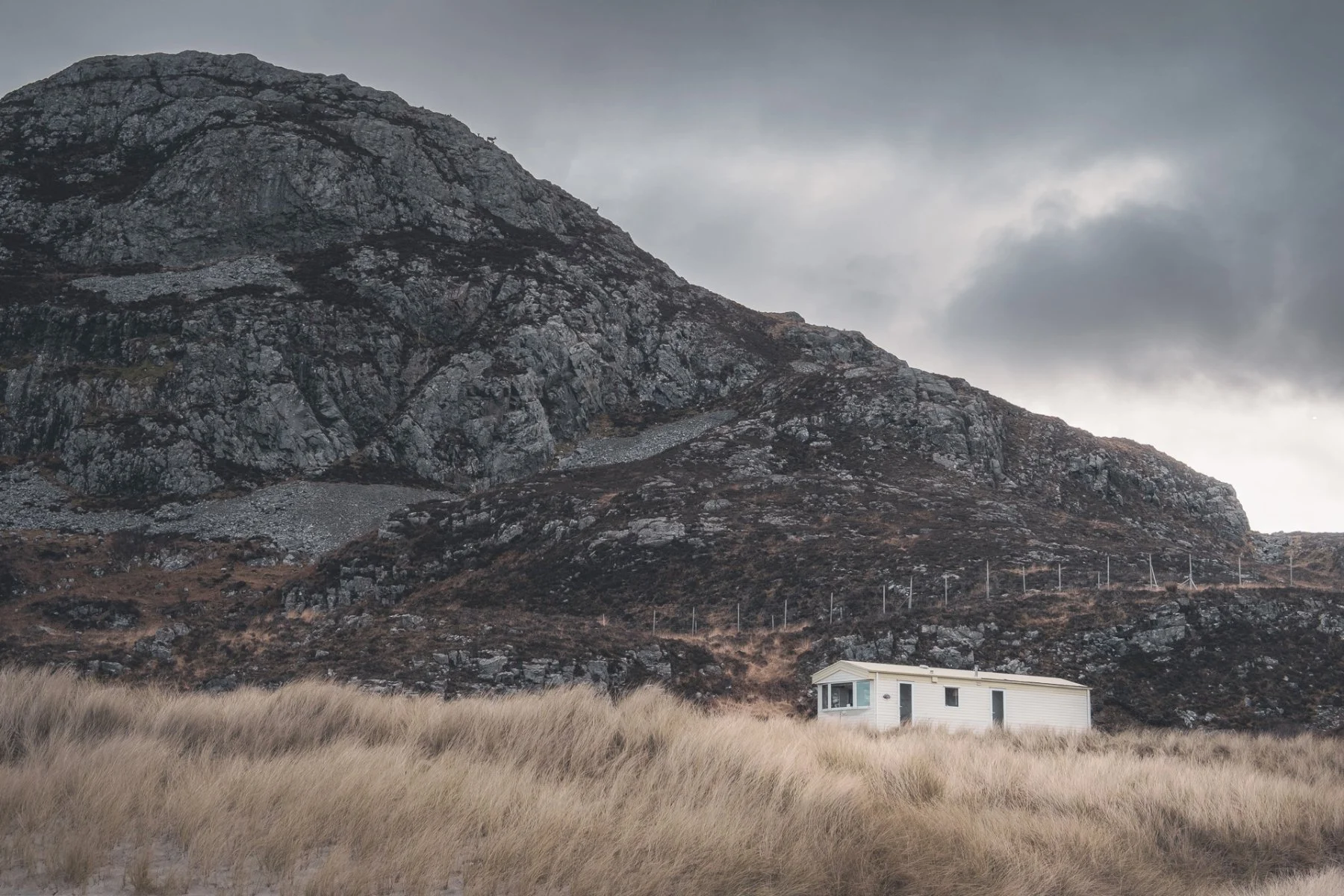 A static caravan beneath Sgùrr nam Meann, the rocky hill above Port na Carraidh (Bay MacNeil) | Ardnamurchan Scotland | Steven Marshall Photography