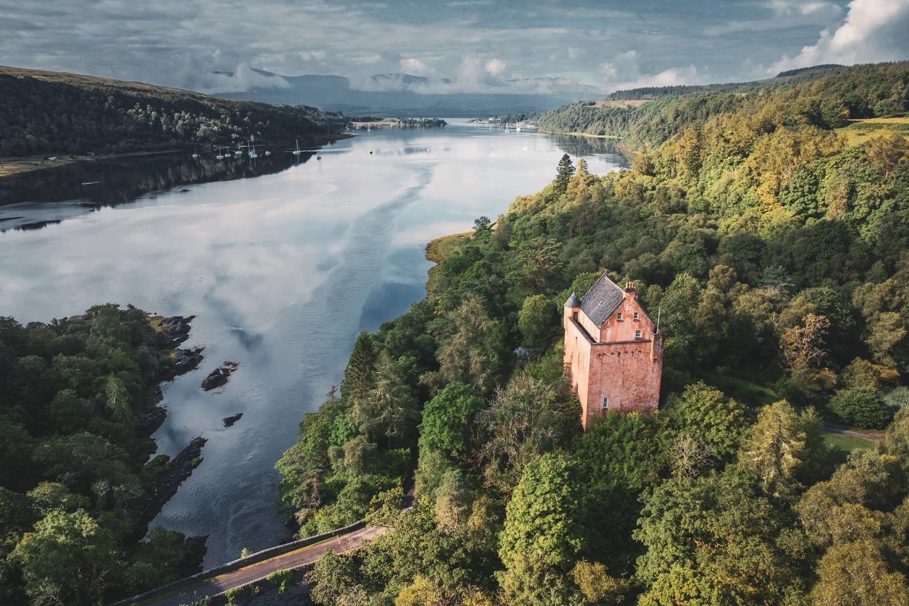 Aerial drone shot of Kinlochaline Castle and Loch Aline, Ardtornish Estate | Morvern, Scotland | Steven Marshall Photography
