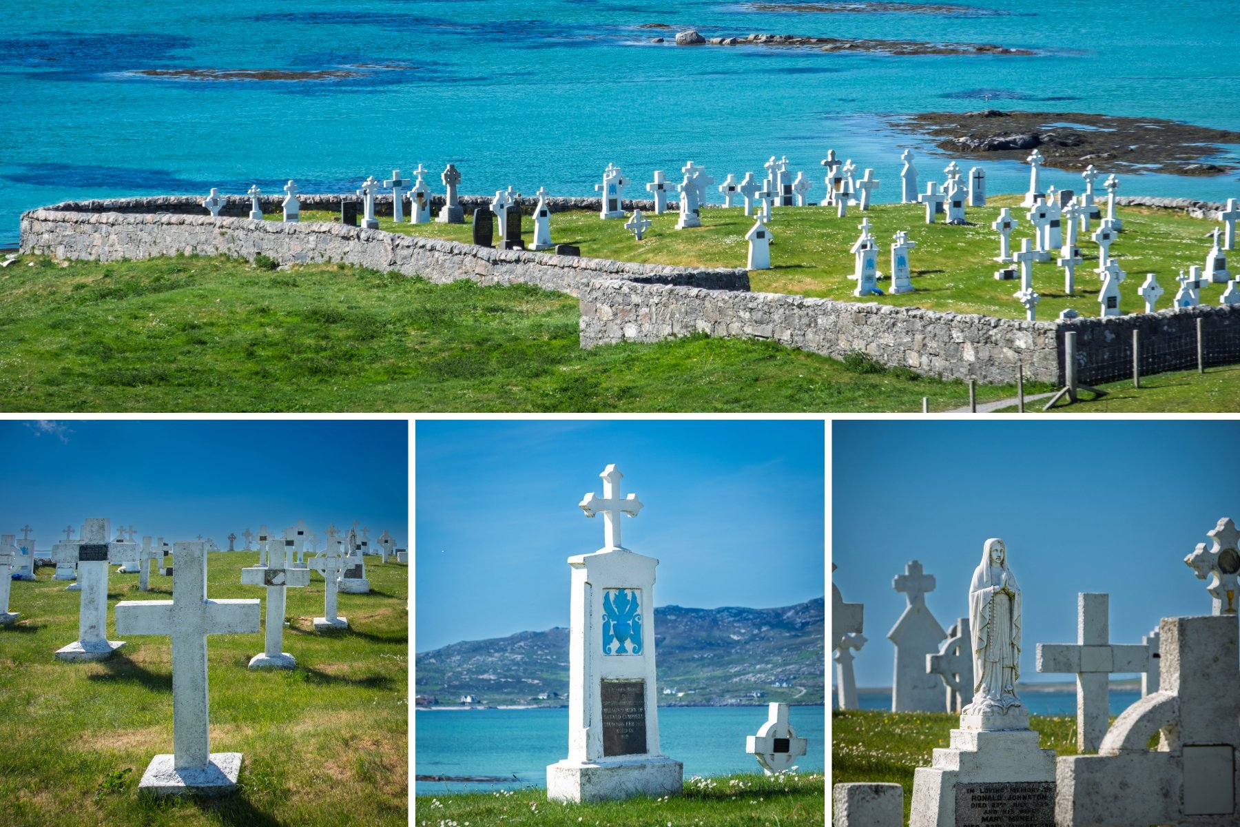 The white crosses of the old graveyard on Eriskay with a crystal blue sea for a backdrop | Outer Hebrides Scotland | Steven Marshall Photography
