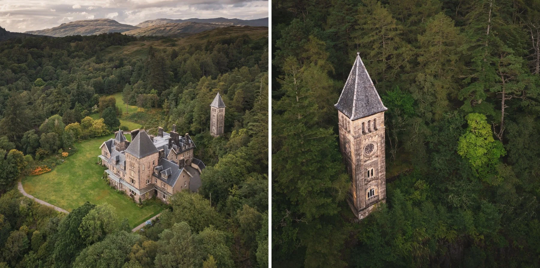 Aerial drone shot of Ardtornish House and its clock tower | Morvern, Scotland | Steven Marshall Photography