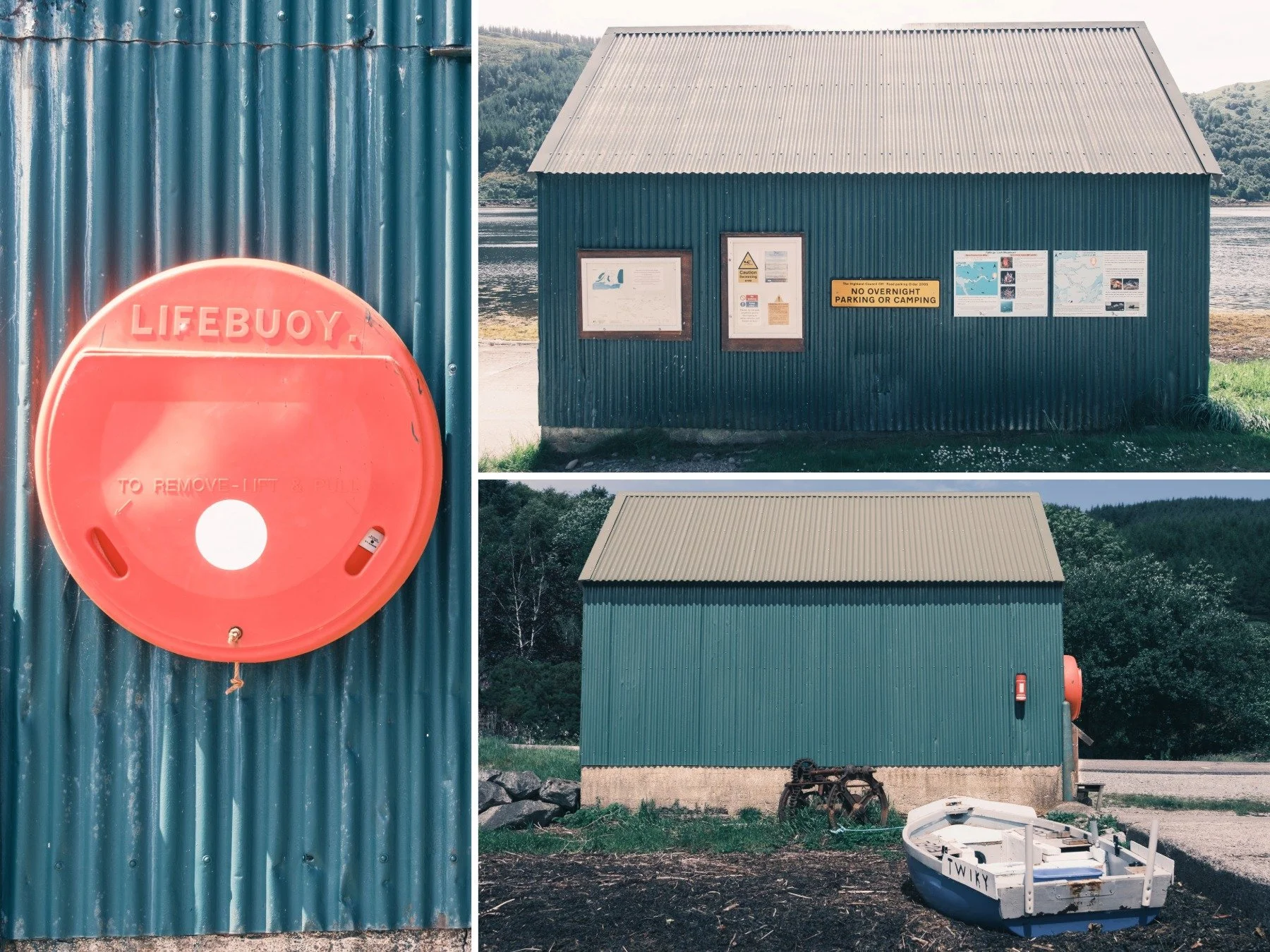A green walled corrugated tin/iron building beside the sea with a red lifebuoy and various signs on its outside walls | Loch Sunart Strontian Ardnamurchan Scotland | Steven Marshall Photography