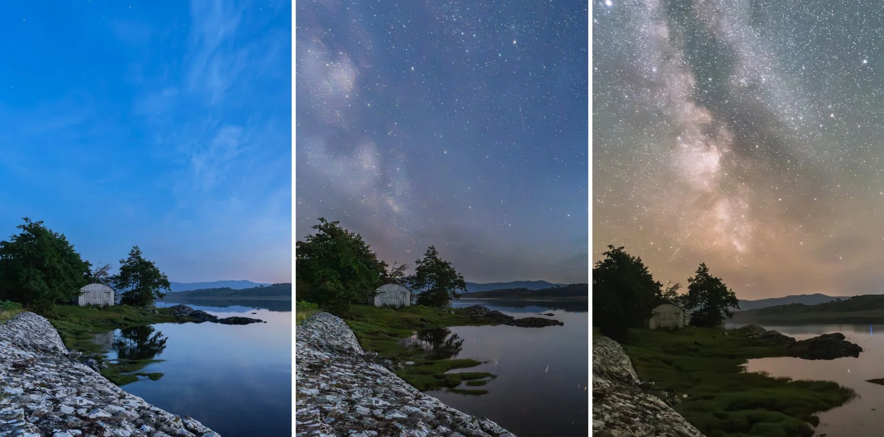 The transition from dusk to night with the stars and milky way emerging above a boathouse beside the River Shiel at Dorlin | Moidart Scotland | Steven Marshall Photography
