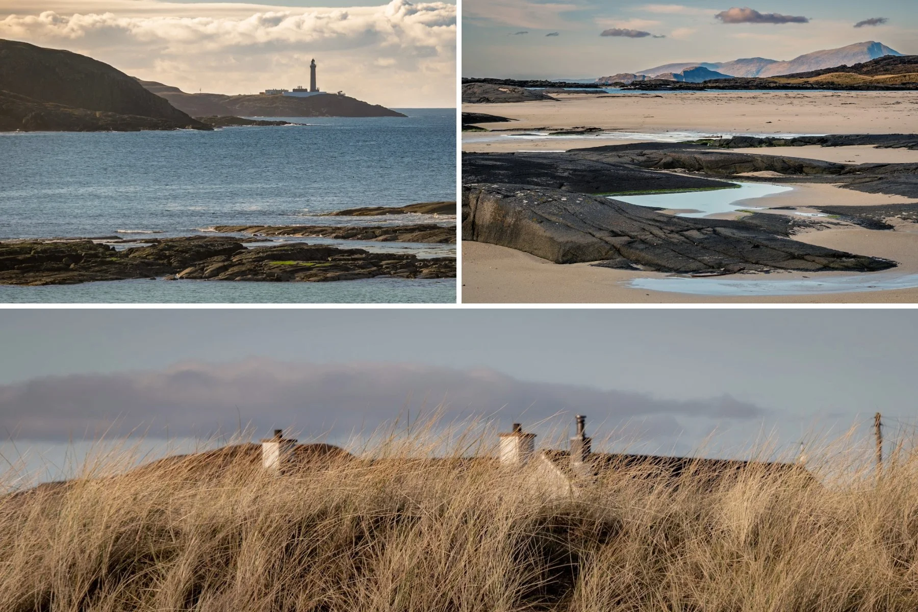Ardnamurchan Lighthouse, the Isle of Rùm and the roofs of houses all viewed from the beach at Sanna | Ardnamurchan Scotland | Steven Marshall Photography