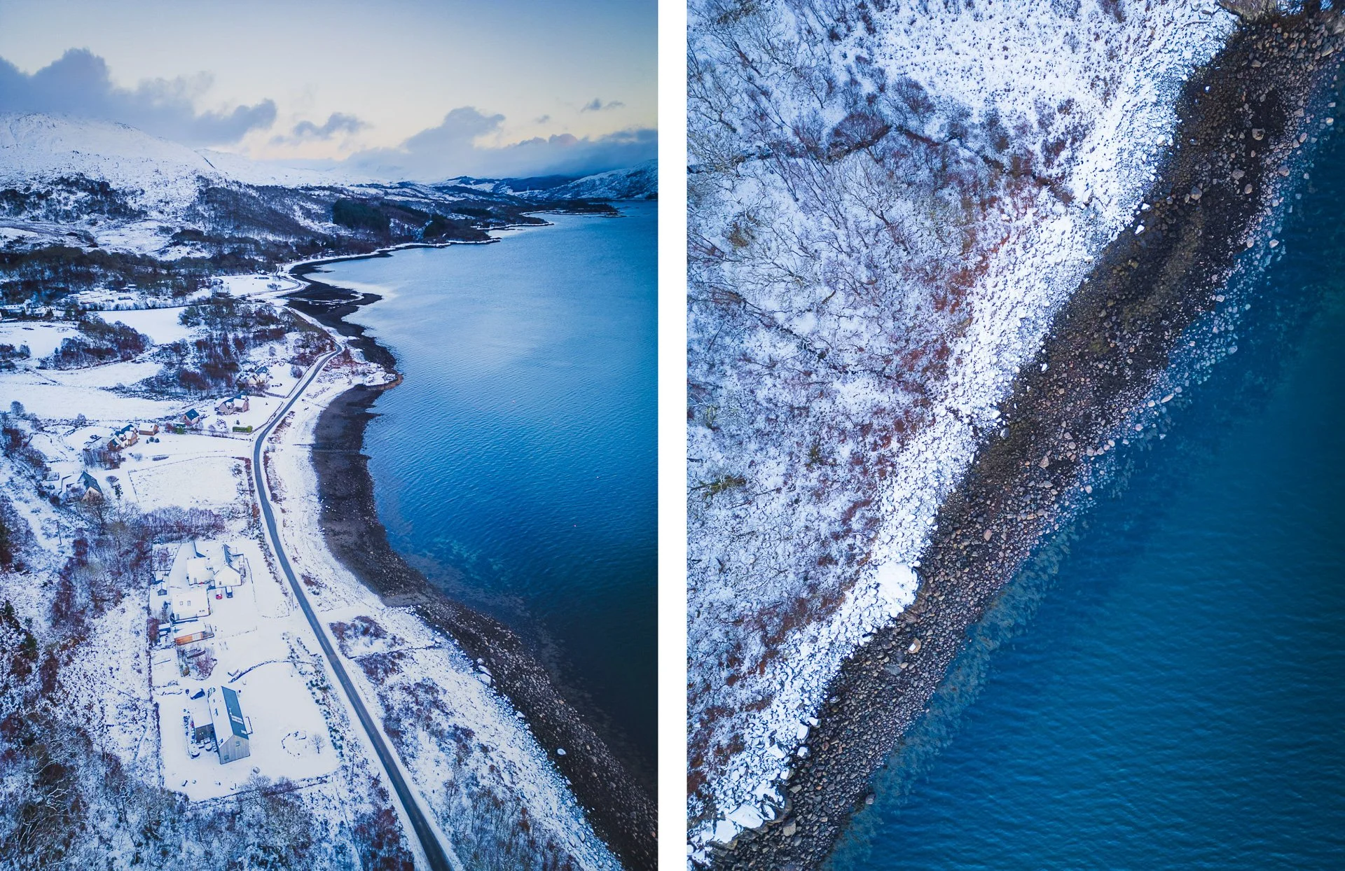 An aerial view of Resipole with snow all the way down to the blue sea | Loch Sunart Scotland | Steven Marshall Photography