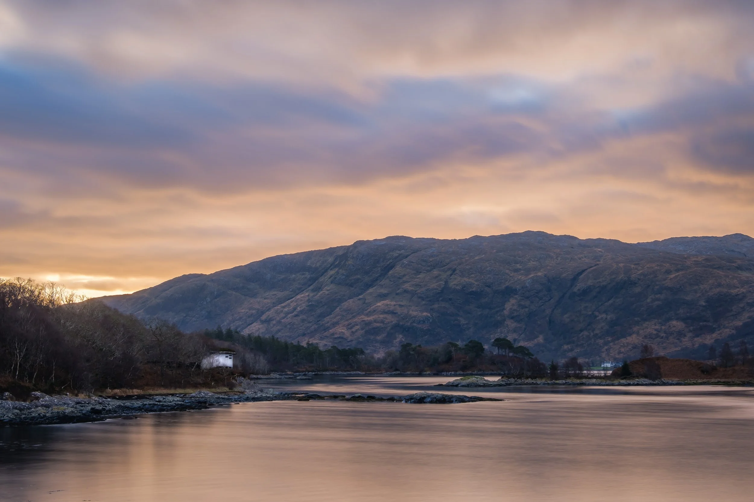 Garbh Eilean Wildlife Hide and Loch Sunart at sunrise on a winter morning | Sunart Scotland | Steven Marshall Photography