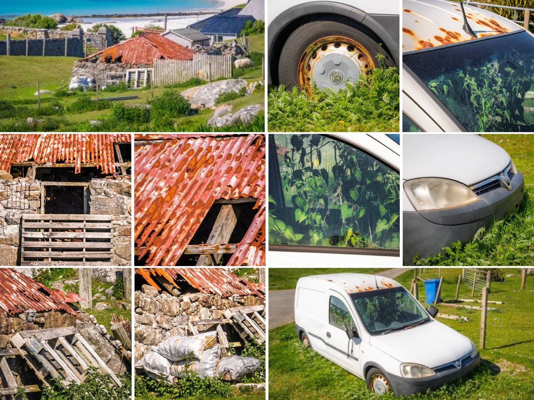A collage of images of a ruinous tin roofed barn and rusting white van on an Eriskay croft in Am Baile | Outer Hebrides Scotland | Steven Marshall Photography