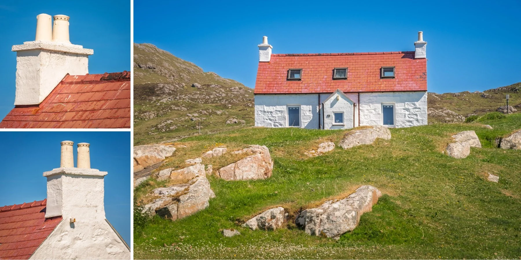 A red roofed, white walled croft house in Am Baile on Eriskay under a clear blue sky | Outer Hebrides Scotland | Steven Marshall Photography