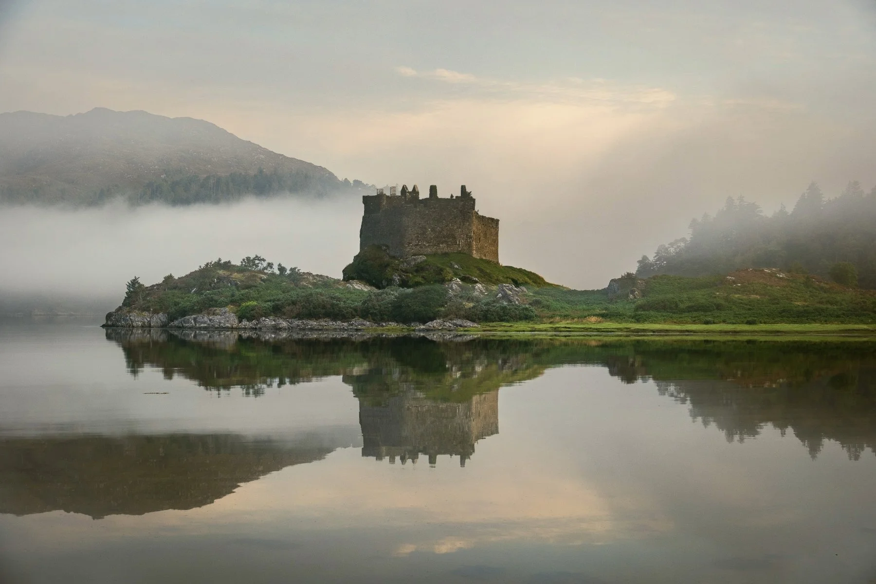 A misty morning at Loch Moidart, Dorlin with Castle Tioram reflected in the still sea | Moidart Scotland | Steven Marshall Photography