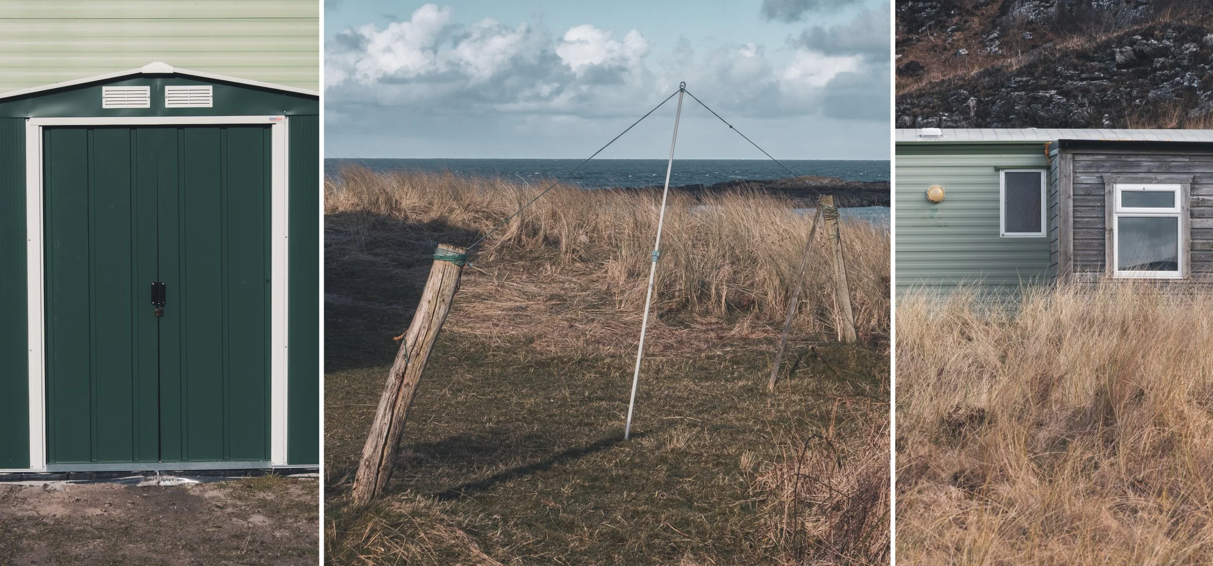 Collage of a tin shed and wooden porch attached to static caravans amongst the sand dunes and marram grass at Port na Carraidh (Bay MacNeil) along with a washing line swaying in the breeze | Ardnamurchan Scotland | Steven Marshall Photography