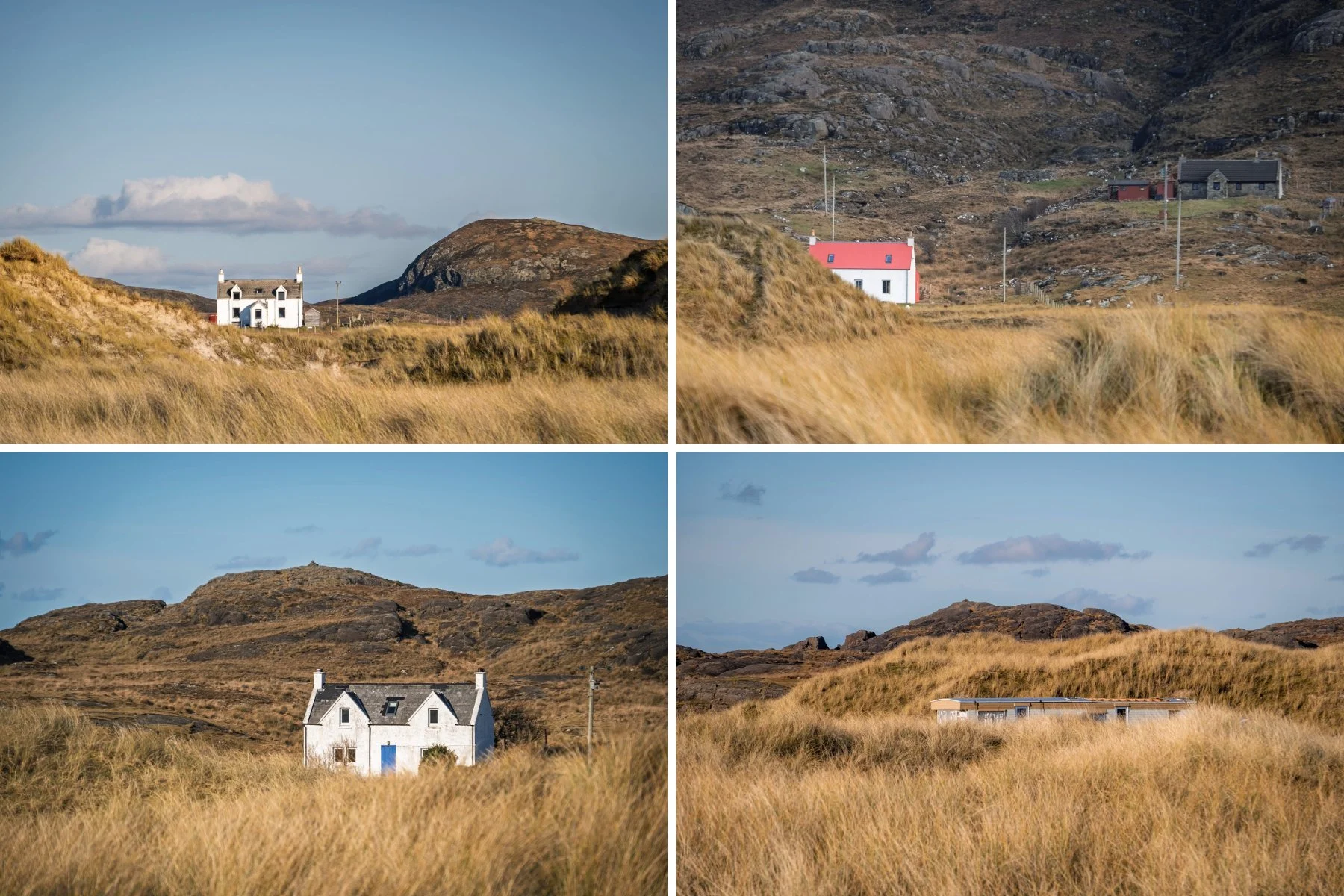 Croft houses and caravans viewed over the marram grass covered dunes that surround the beach at Sanna | Ardnamurchan Scotland | Steven Marshall Photography