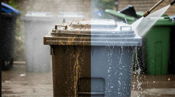 Before and after cleaning of trash can