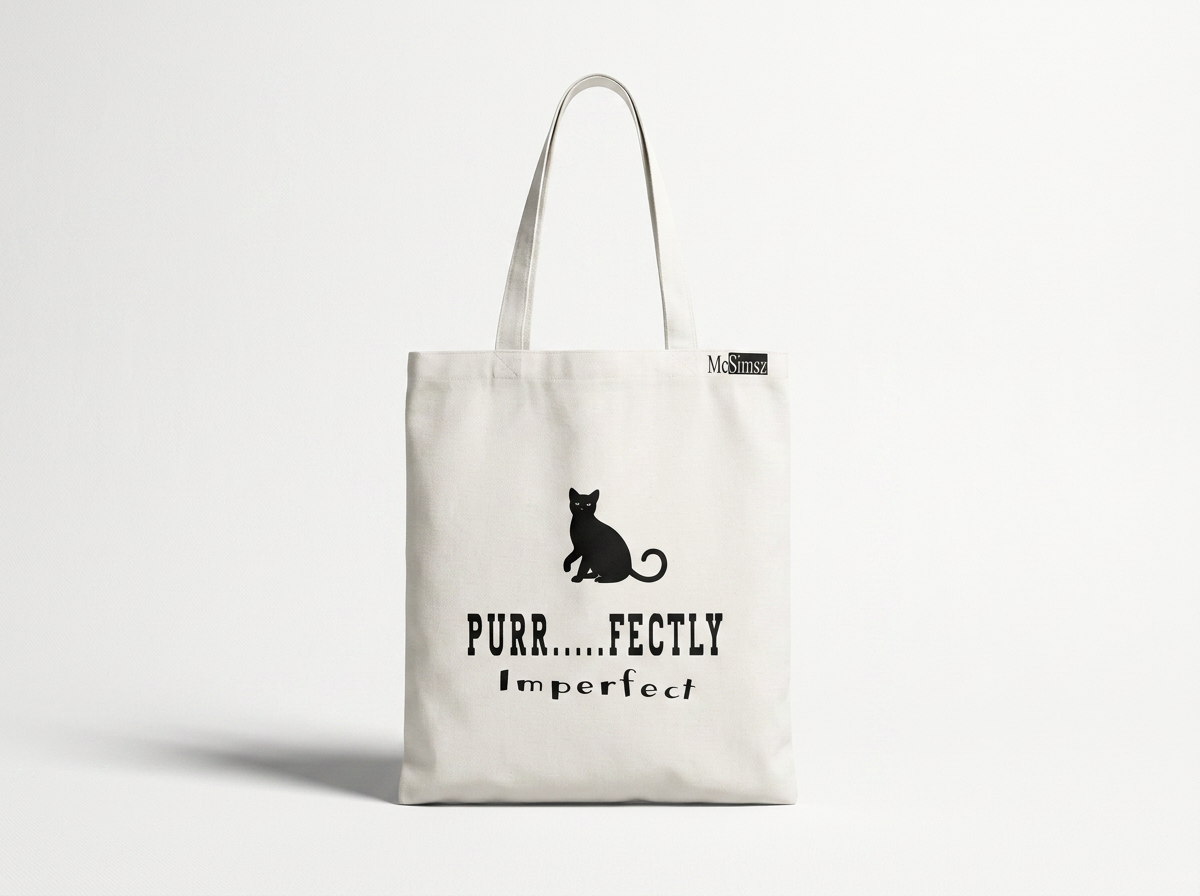 Purr...fectly Imperfect Cat Canvas Tote Bag | Premium Everyday Carry | White | 13.78 x 15.75 inches