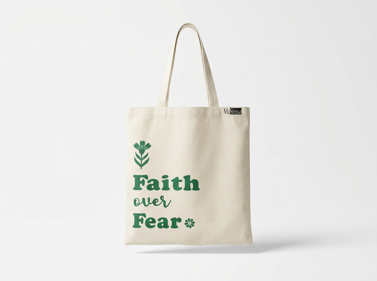 Faith Over Fear Inspirational Canvas Shoulder  Tote Bag | Premium Everyday Carry | White | 13.78 x 15.75 inches