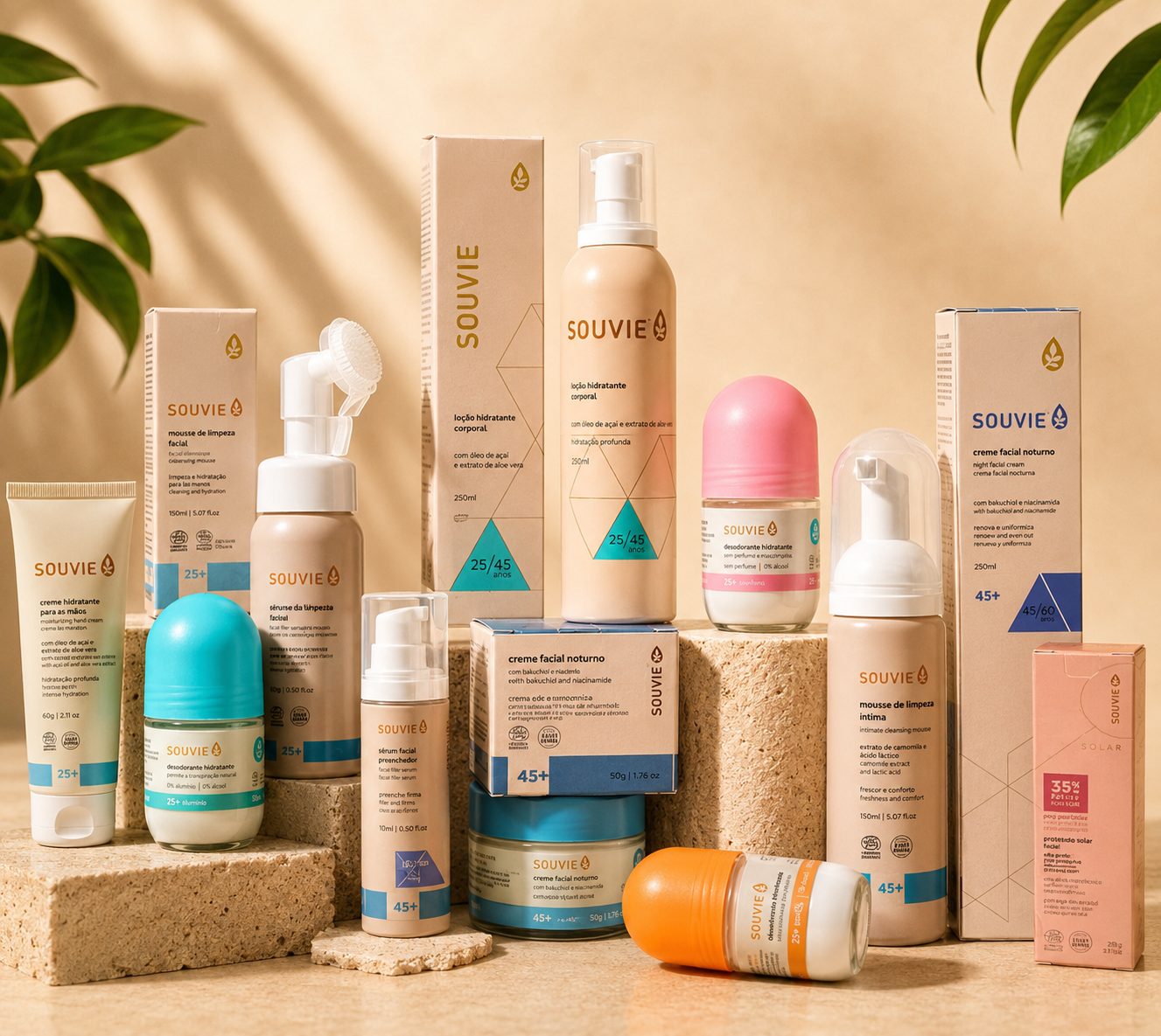 Divers produits organique de soins de la peau de la marque Souvie, tels que crèmes, sérums, déodorants, nettoyants et protections solaires, disposés sur des supports en pierre et une surface en bois, avec des plantes vertes en arrière-plan.