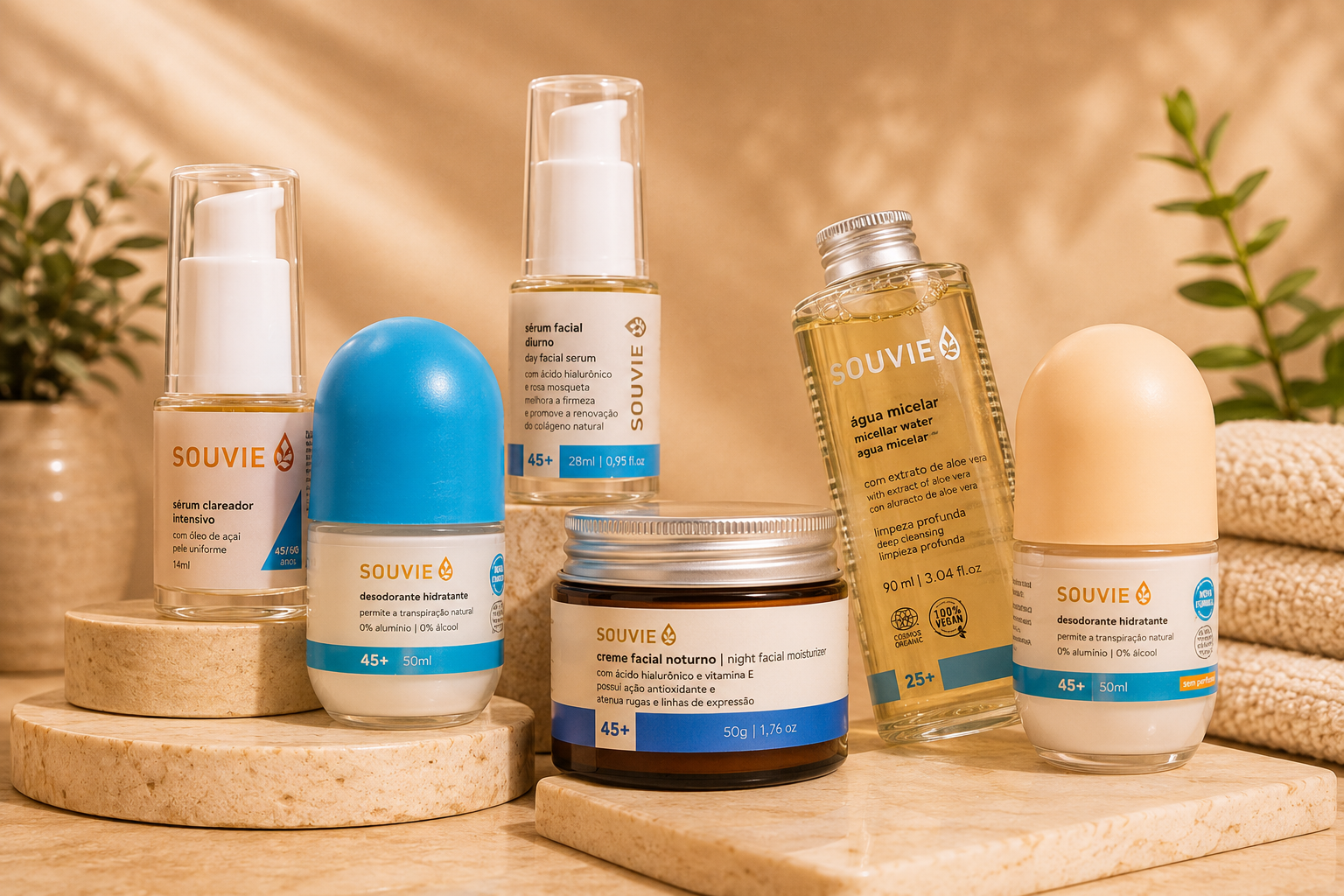 Gamme de produits de soins de la peau SOUVIE, comprenant des sérums, une crème de nuit, un déodorant, un gel micellar, et un spray aux extraits d'aloe vera, tous placés sur des supports en pierre beige avec des plantes en arrière-plan.