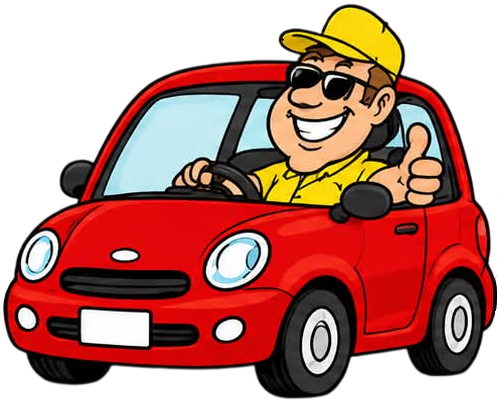 Cartoon man in yellow cap and sunglasses smiling and giving a thumbs-up from a red compact car.