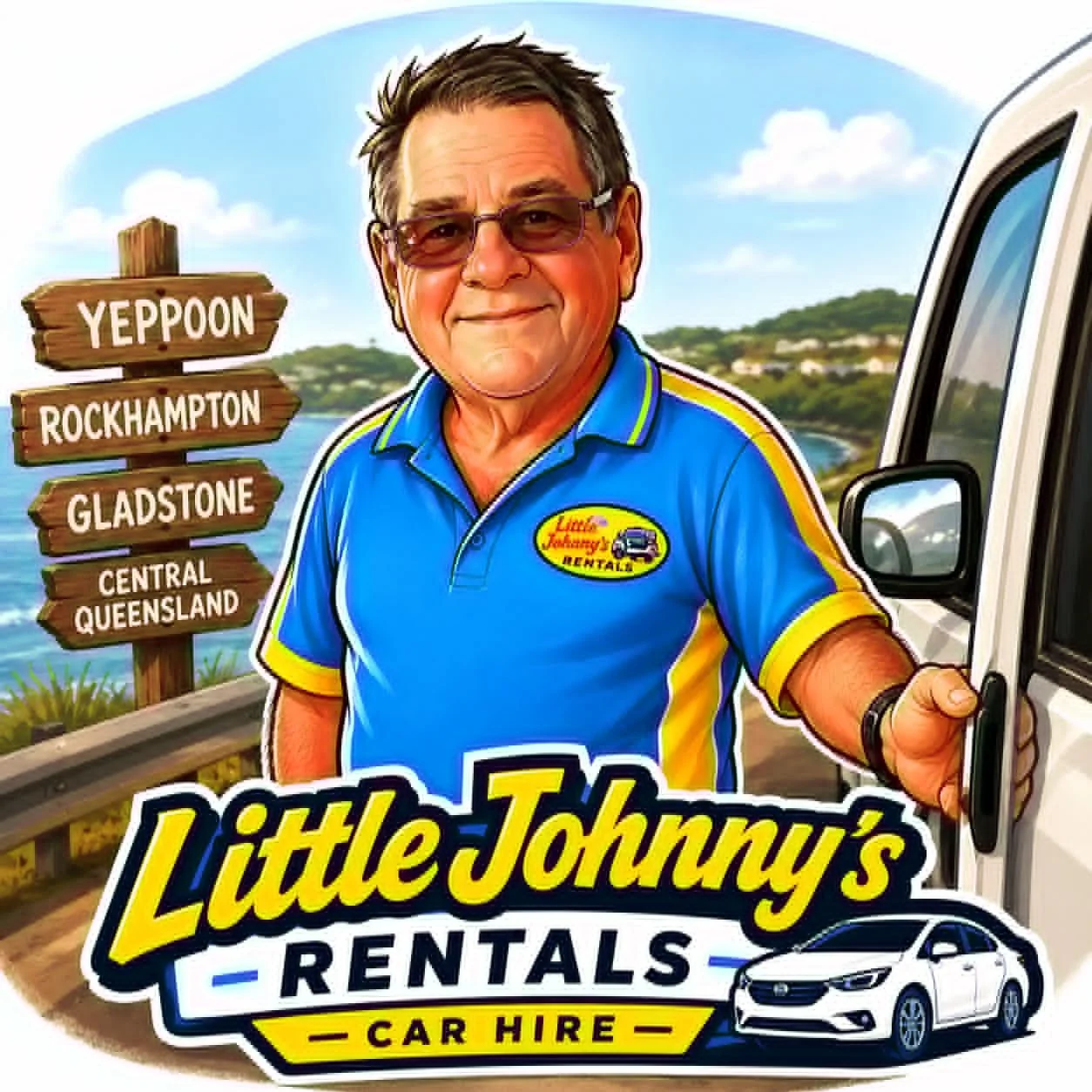 Cartoon image of a man in a blue and yellow shirt with 'Little Johnny's Rentals Car Hire' logo, standing at a vehicle with a scenic waterfront background, a wooden sign pointing to Yeppoon, Rockhampton, Gladstone, and Central Queensland.