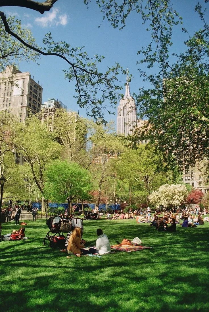 People relaxing and picnicking in a lush, green park with trees and blooming flowers, with tall city buildings, including the Empire State Building, in the background.