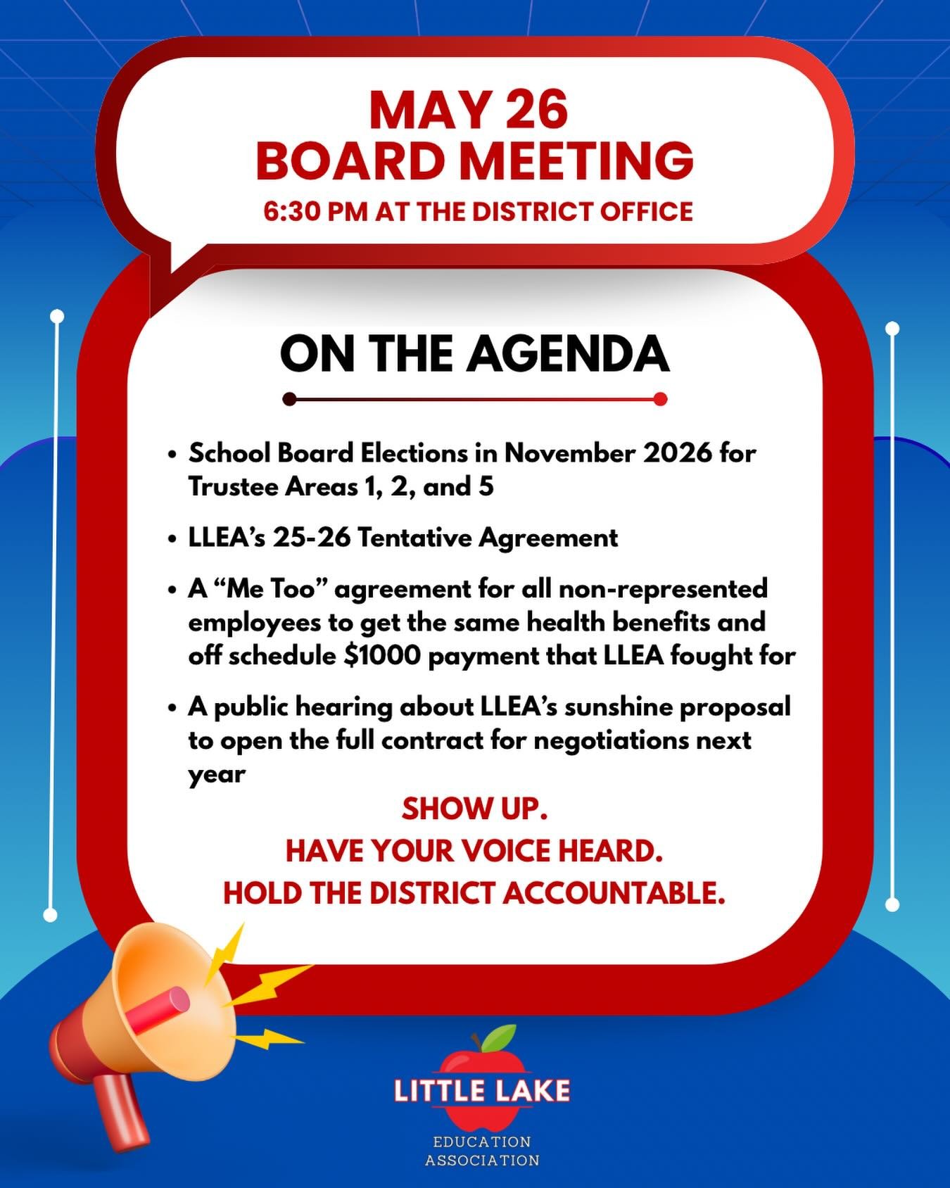 On Tuesday, May 26th, please ensure your attendance at the Board meeting held at the District office. The board will be voting on the tentative agreement. If you can speak at the meeting, it would be highly impactful. Let&rsquo;s remind the board tha
