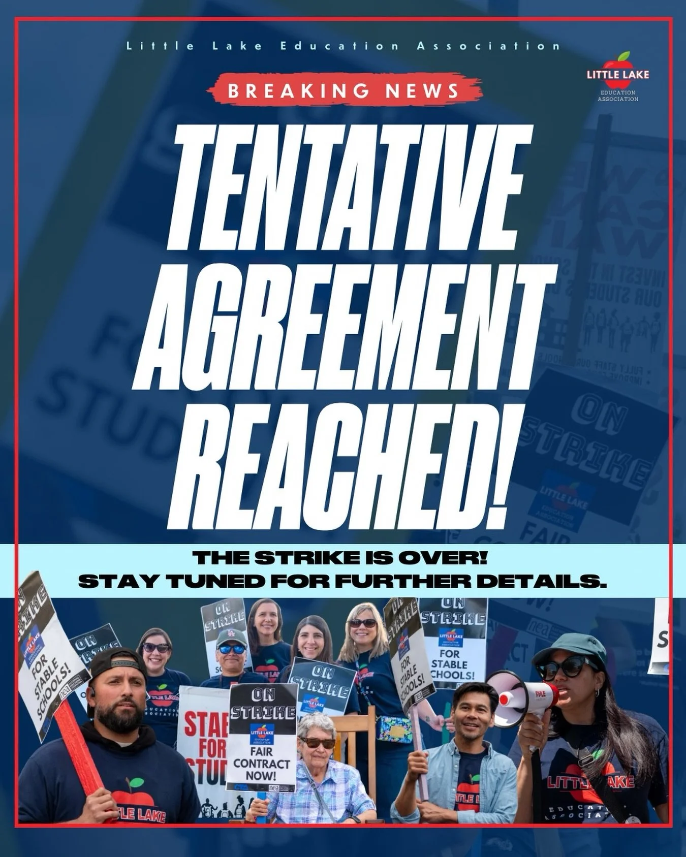 🚨BREAKING: After a historic 10 day strike, the first educators&rsquo; strike in 150 years in LLCSD, we&rsquo;ve reached a tentative agreement with the district. 

We are back in the classroom tomorrow. More details to come.