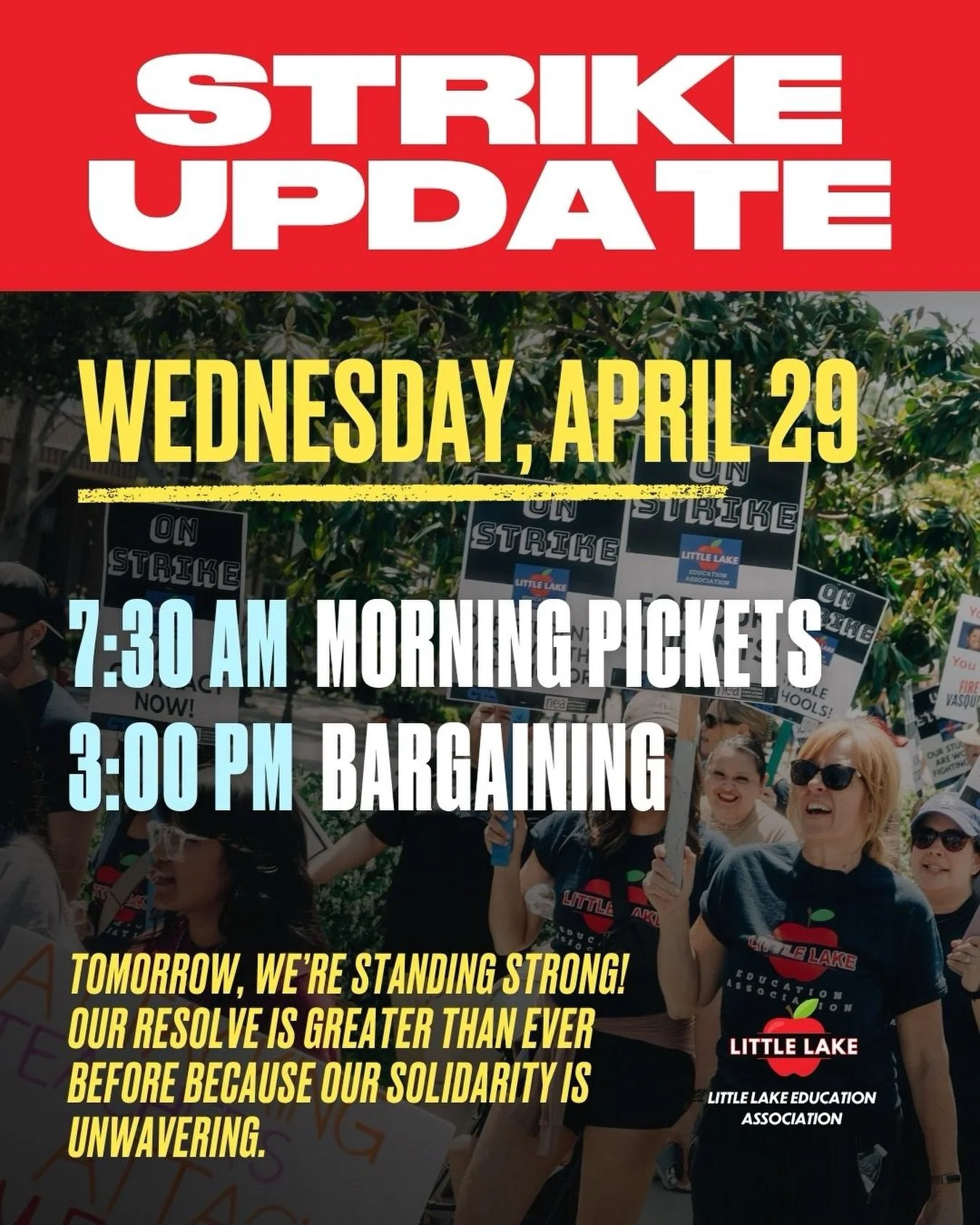 Tomorrow, we&rsquo;re standing strong! Our resolve is greater than ever before because our solidarity is unwavering.

See you on the picket lines!

7:30 AM - Morning Pickets

3:00 PM - Bargaining