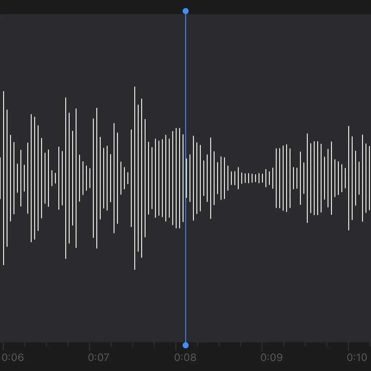 Audio waveform visualization depicting sound frequencies and amplitudes over time on a dark background.
