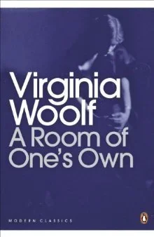 Cover of the book 'A Room of One's Own' by Virginia Woolf featuring a side profile of a woman and a woman’s face in profile, with the title and author's name in white text.