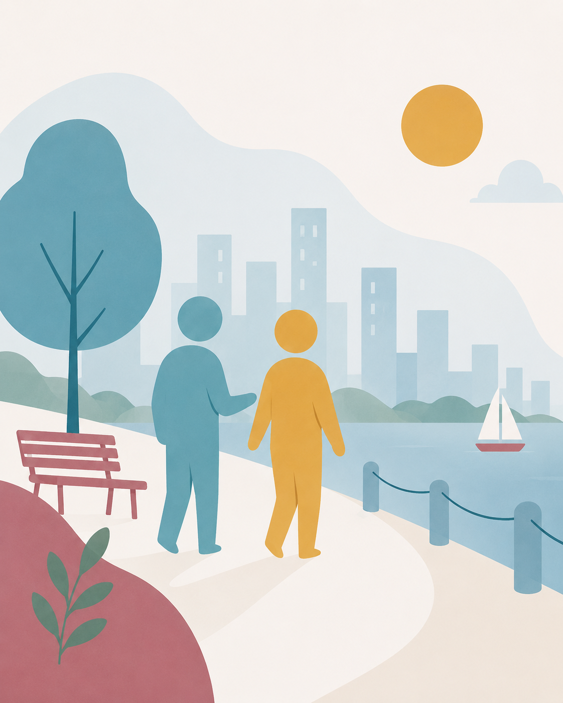 Two people walking together beside the waterfront during community access support.