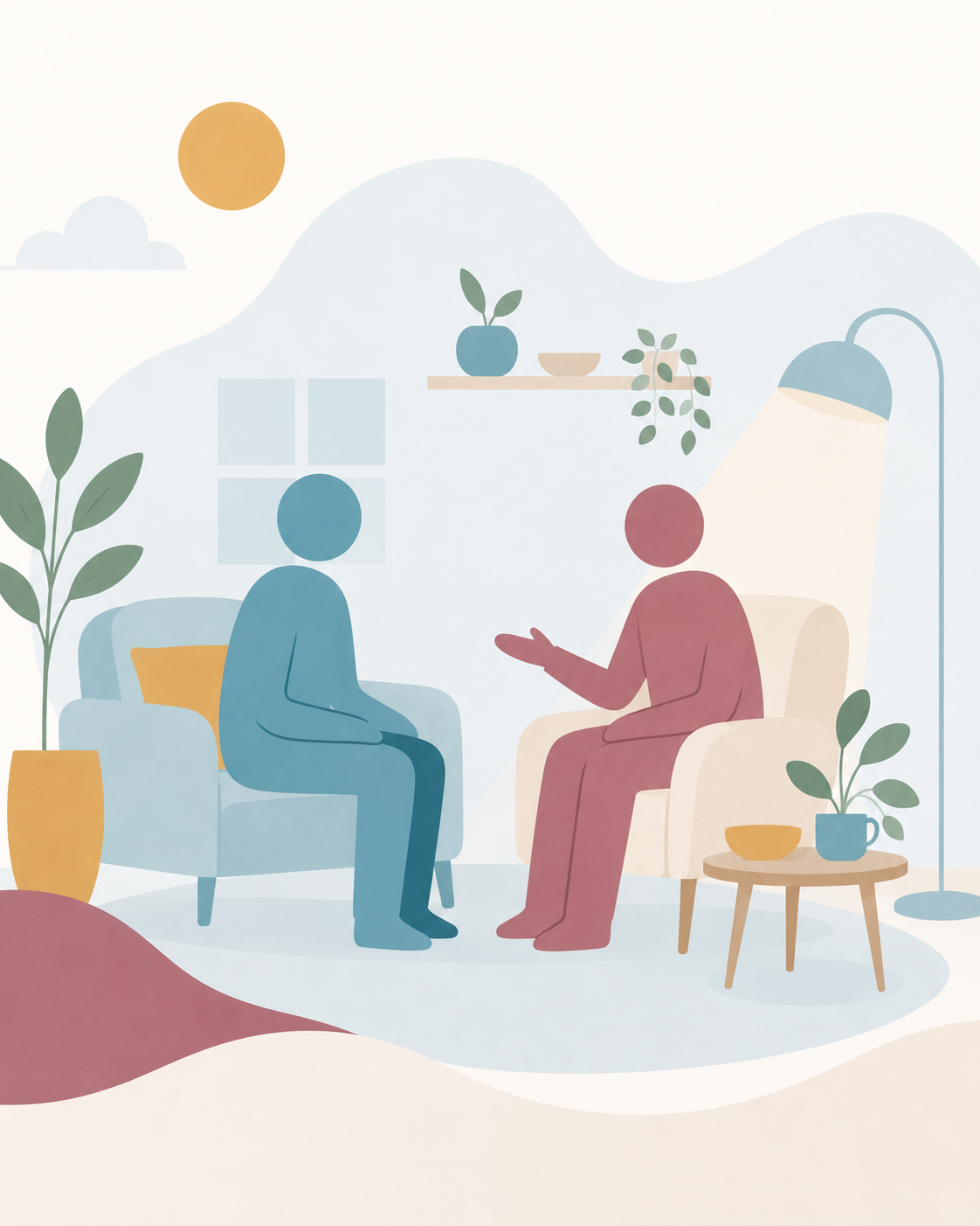 Two people having a calm and supportive conversation in a comfortable home setting.