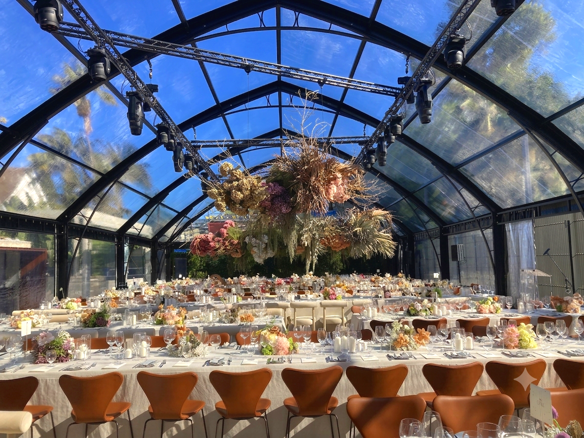Indoor event space decorated with elegant tables and floral arrangements for a celebration or wedding reception under a glass ceiling with hanging floral art.