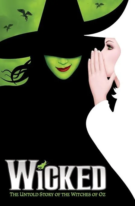 A cartoon illustration of a green-skinned witch with a wide-brimmed black hat and a white collar, whispering to a woman. The background is green with black flying bats. The title reads 'Wicked' with the subtitle 'The Untold Story of the Witches of Oz