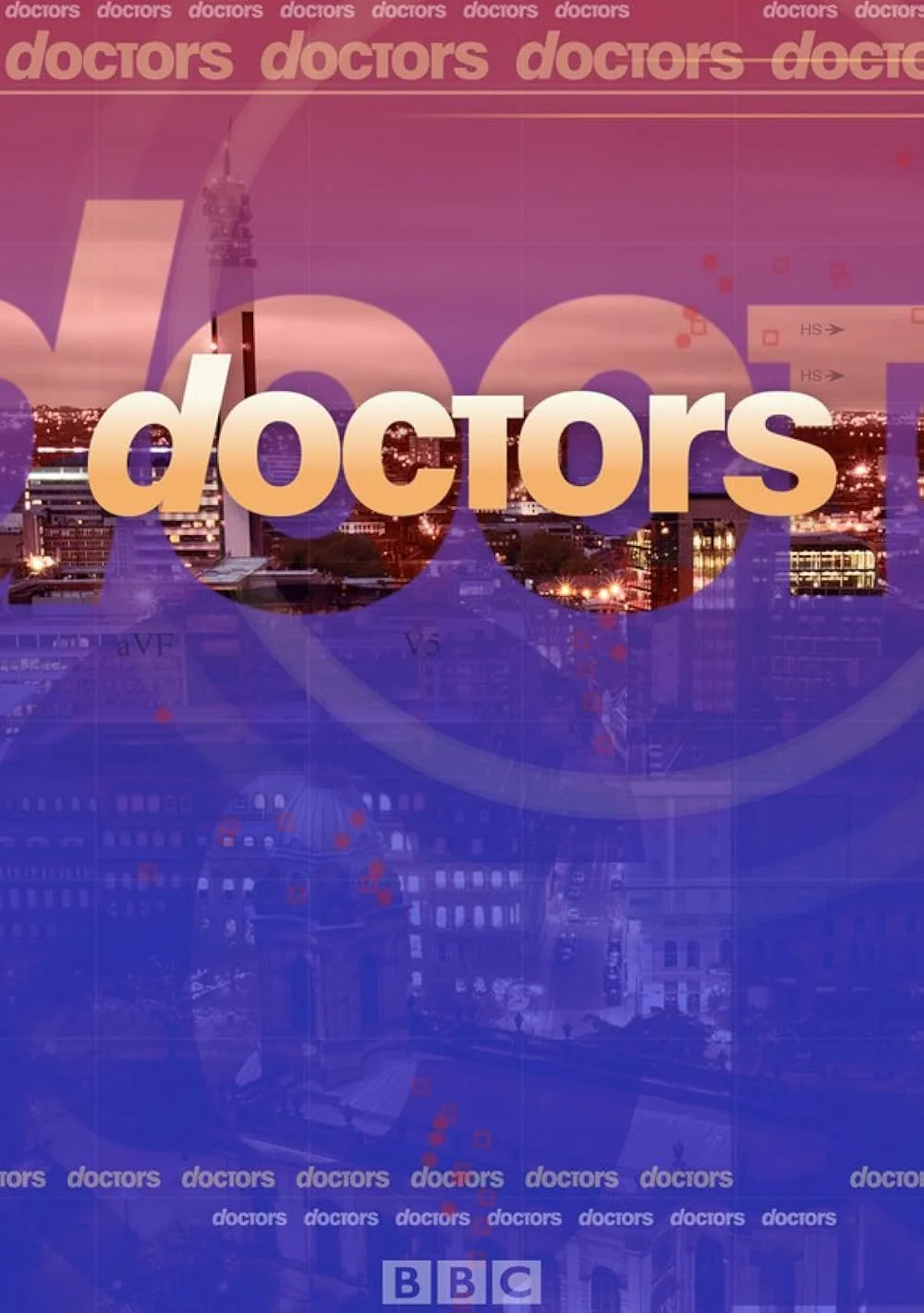 Promotional graphic for BBC's TV show 'Doctors' featuring a cityscape at sunset, with the word 'doctors' prominently displayed in large beige letters, and the background color gradient from pink to purple.
