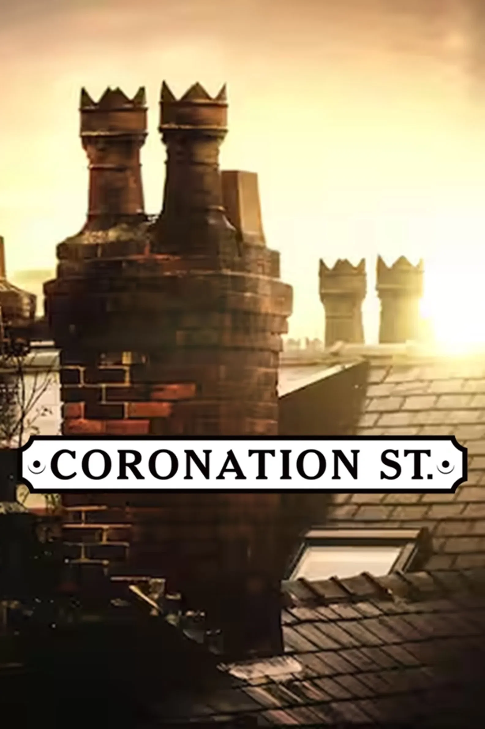 Rooftop view of brick chimneys on a building with a sign reading 'Crowning St.' at sunset.
