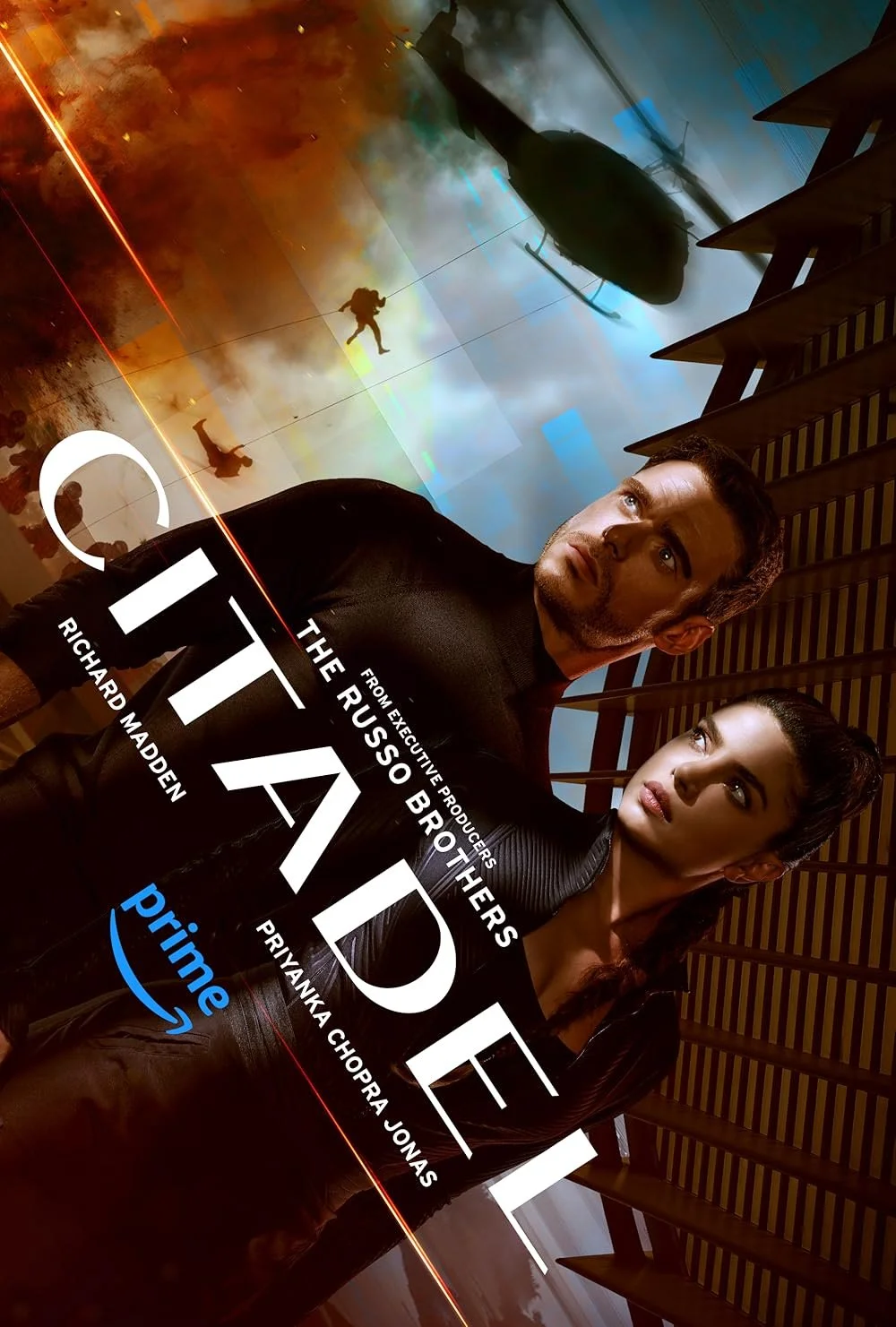 Promotional poster for the movie 'Titanic' featuring characters Jack and Rose, with a helicopter and soldiers in the background on a burning ship.