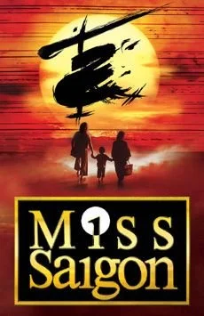 A stylized poster for the film 'Miss Saigon' featuring a sunset, a large yellow sun, a silhouette of a woman and two children walking, and the title 'Miss Saigon' at the bottom.