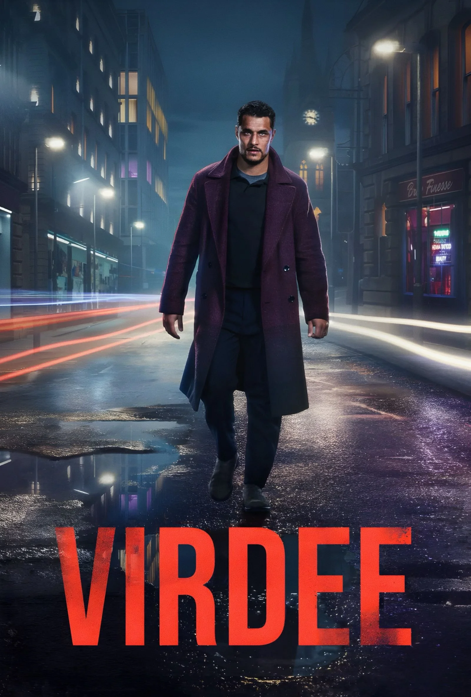 A man walking down a city street at night with tall buildings, streetlights, and a clock tower in the background. The man wears a dark coat and has a serious expression. The word 'VIRDE' is partially visible in bold red letters at the bottom of the i