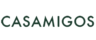 Casamigos logo in green text on a black background.