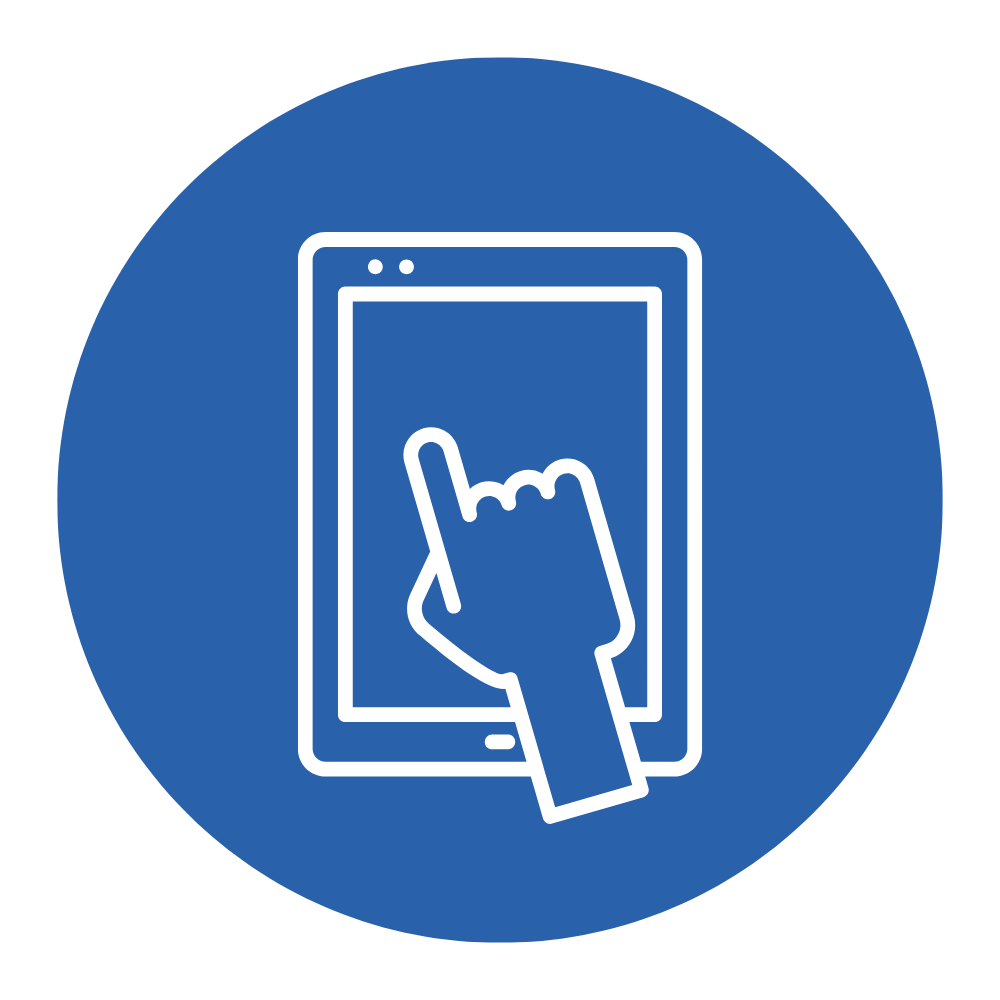 Icon of a hand touching a smartphone screen inside a blue circle.