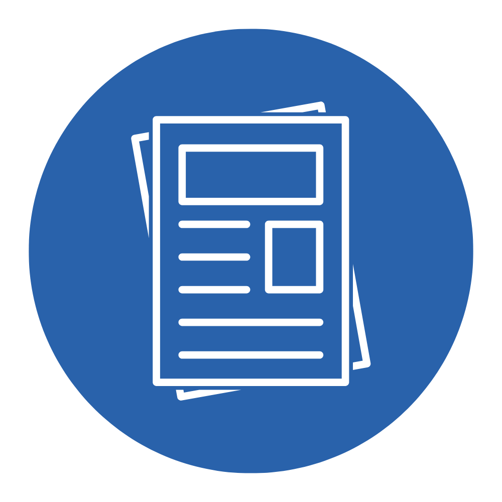 Icon of sheets of paper or documents on a blue circular background.
