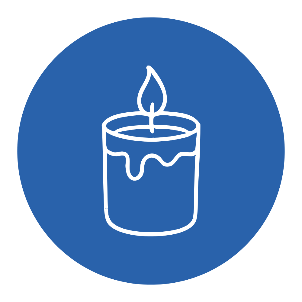 Icon of a lit candle with melting wax on a blue circular background.
