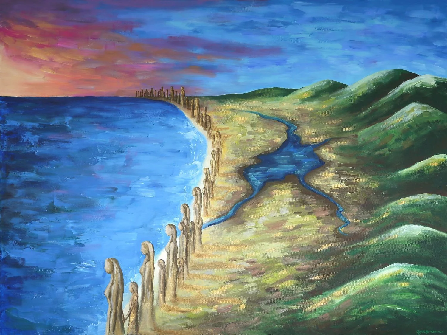 The original artwork inspired by Karen's vision of women standing shoulder to shoulder along the coastlines of the world: painted by Corinne Jasmine from Perth, Western Australia.
