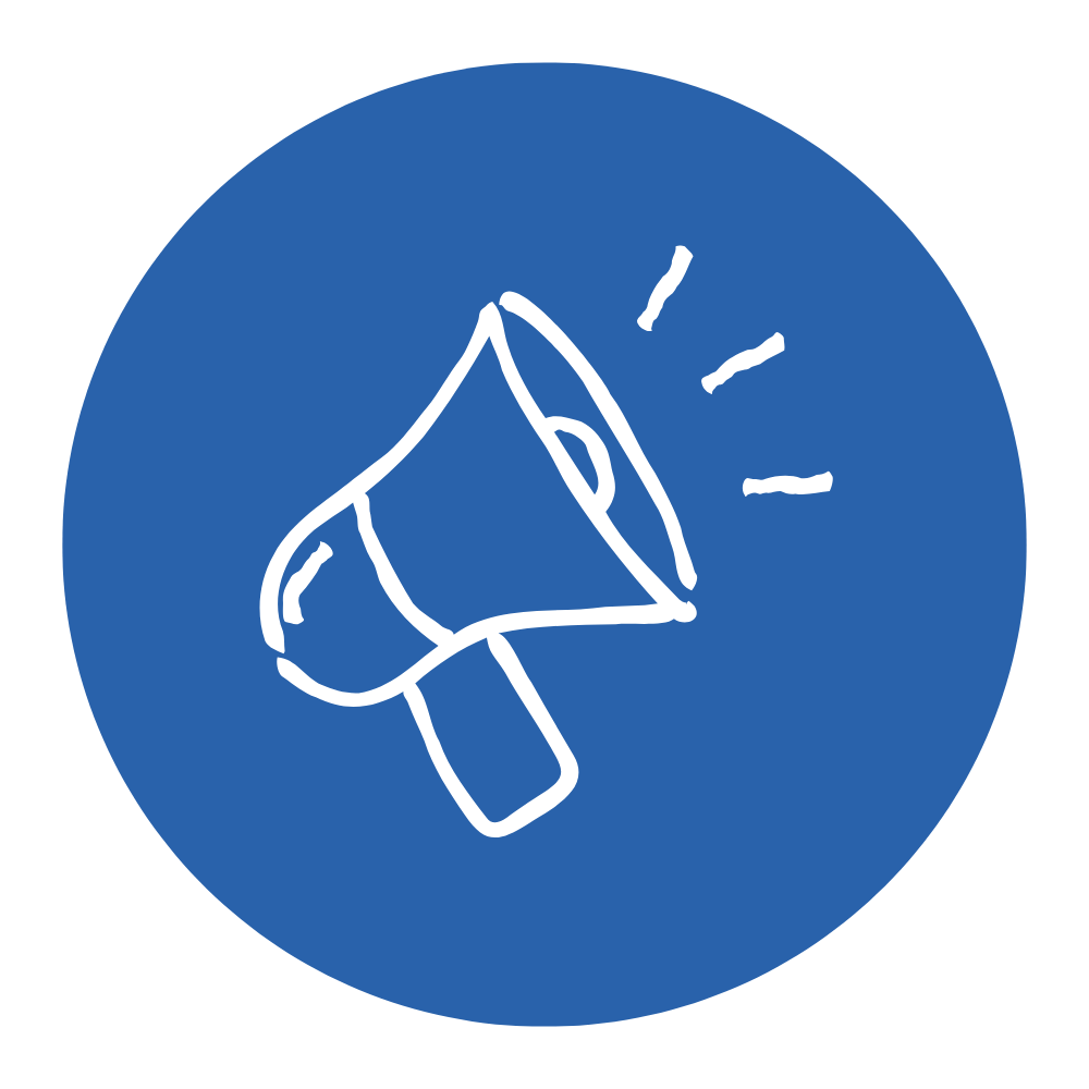 White outline of a megaphone on a blue circular background indicating an announcement