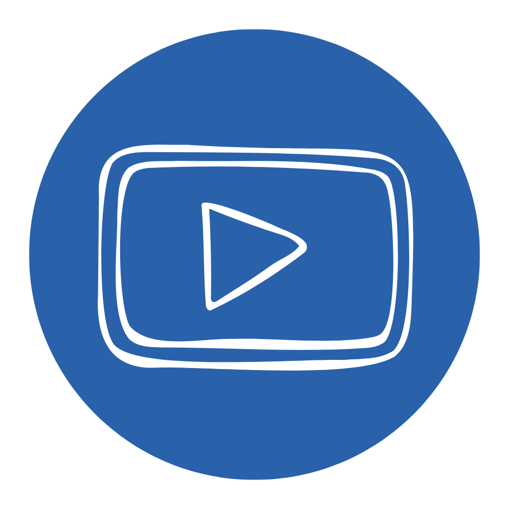Blue circular icon with a white outline drawing of a YouTube play button.