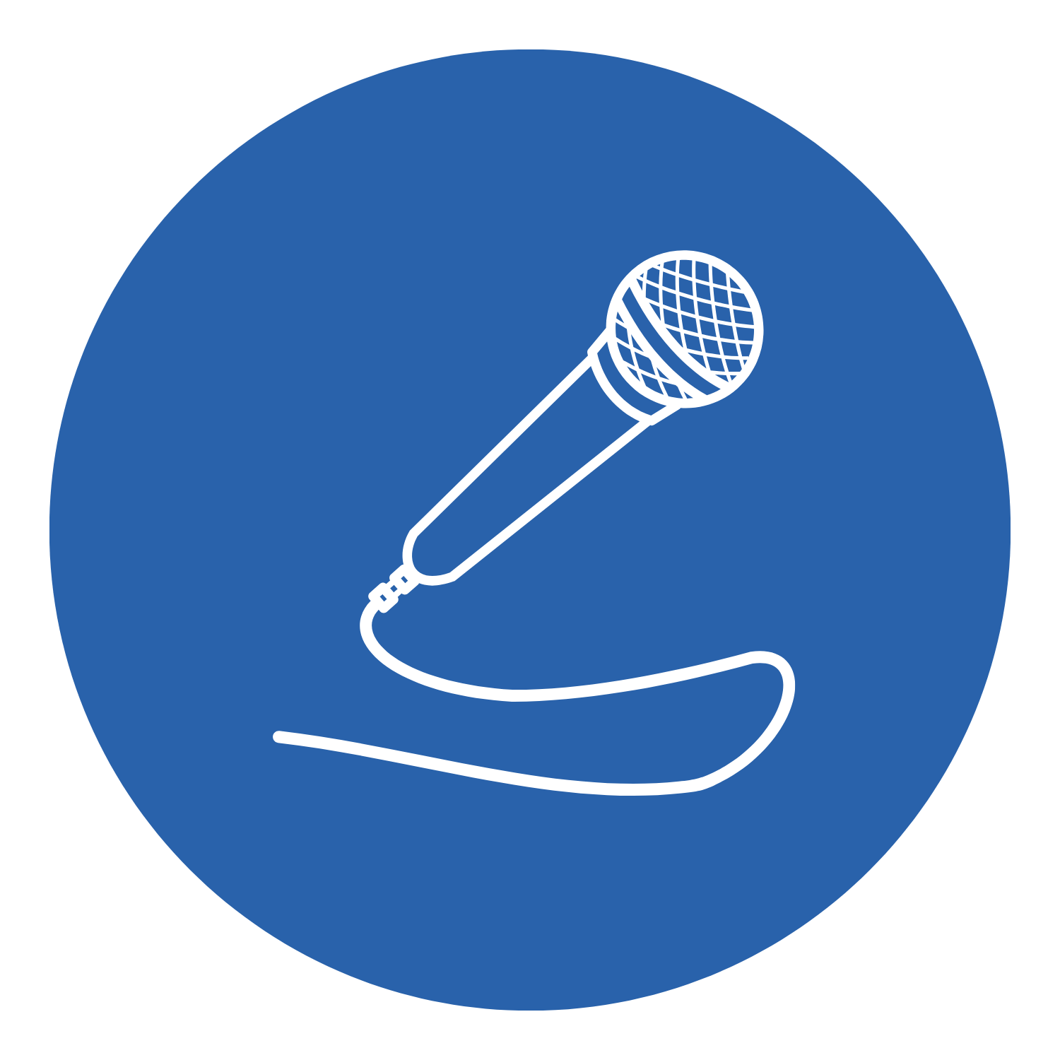 Blue circular icon with a white line drawing of a handheld microphone connected to a cable.