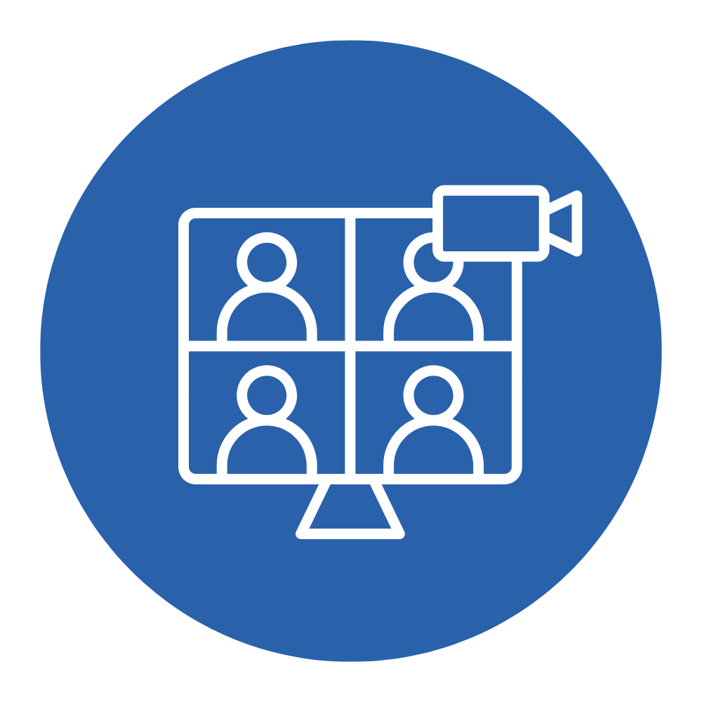 Icon of a computer screen showing four people in a video conference, with a camera on top, representing virtual meeting or video conferencing.