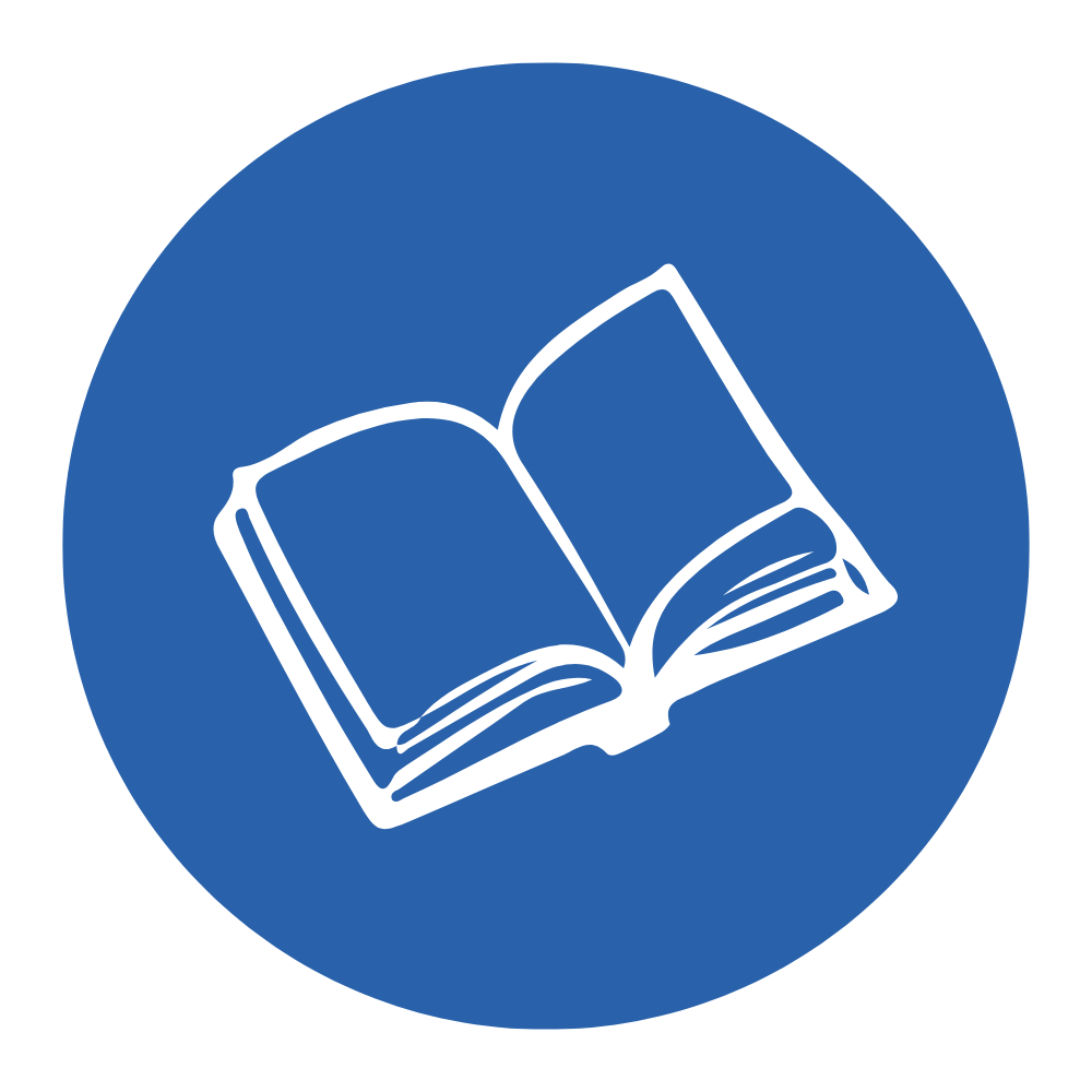 Icon of an open book inside a blue circle