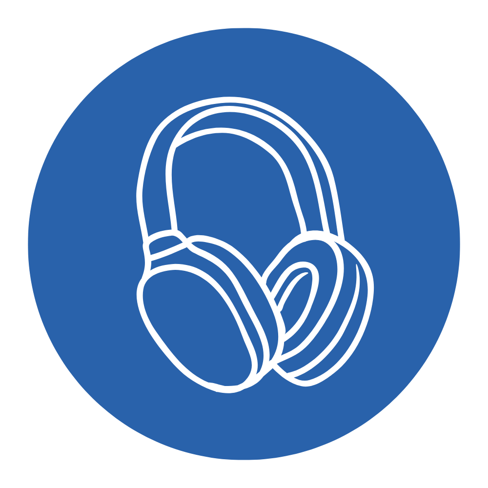 Line drawing of over-ear headphones on a blue circular background.