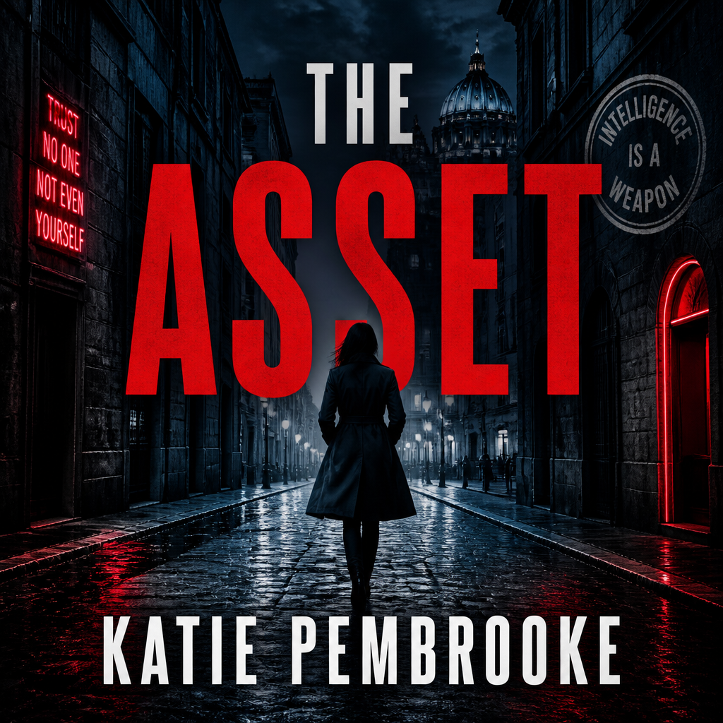 Book cover for 'The Asset' by Katie Pembroke featuring a woman walking down a dark, rainy city street at night, with a large domed building in the background, and neon signs on the sides.